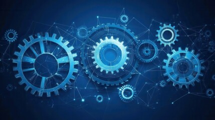 Connected system of blue digital gears and wheels on a dark background representing technology and engineering advancements