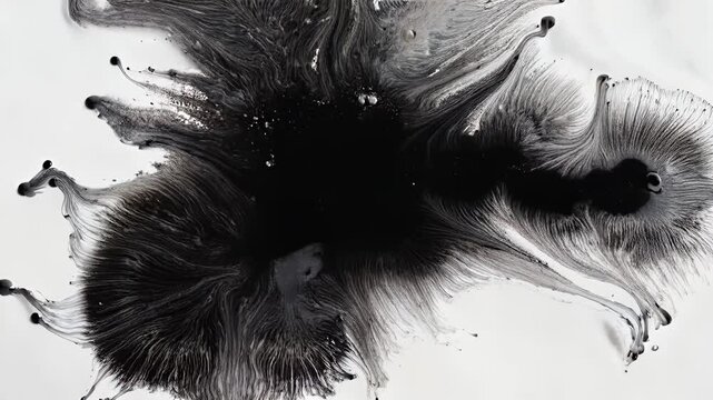 Black ink creates dense branching bloom with long organic streaks