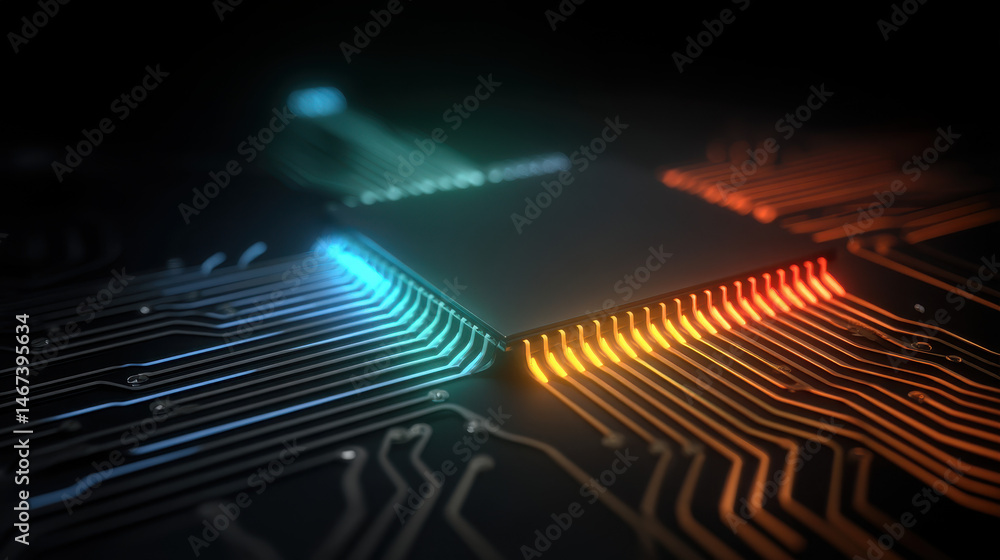 Aufkleber futuristic microchip with glowing neon circuits against a minimal dark background