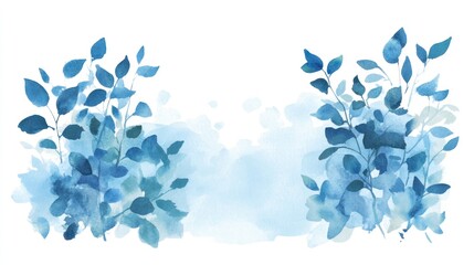 Watercolor painting of blue leaves on white background.
