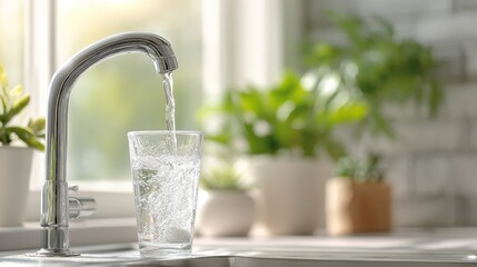 Captivating moment of clear water gracefully streaming from a polished tap into a glass resting in a sunlit, minimalistic kitchen filled with lush greenery