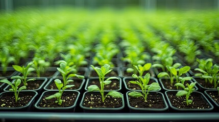 Rows of young plants in individual containers,  growing in a greenhouse setting.  Close-up view of seedlings, showcasing healthy growth