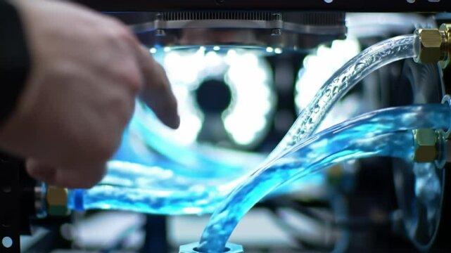 Upclose look at a custom water cooling system in a computer build with vibrant blue liquid
