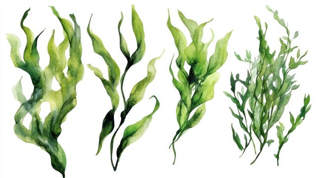 Watercolor painting of four types of seaweed and aquatic plants on white background.