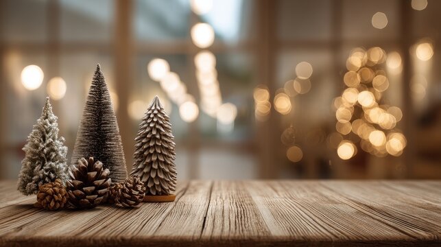 Charming winter moment captured on a rustic wooden table with mini Christmas trees and pine cones, evoking cozy Scandinavian vibes