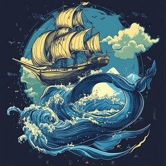 Sailing ship on whale's back, ocean, night sky, fantasy art, t-shirt design
