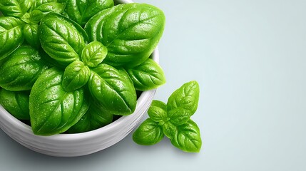 Fresh Basil Leaves in Bowl with Culinary Herb, and Green.