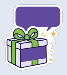Colorful gift box with ribbon and speech bubble for messages or festive announcements.