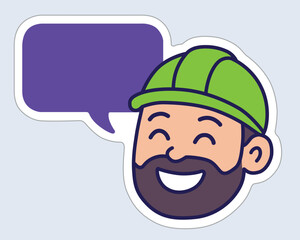 Cartoon construction worker with green helmet and speech bubble – cheerful builder face icon illustration in flat style