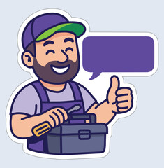 Smiling handyman character with toolbox and thumbs up – cartoon repairman with blank speech bubble
