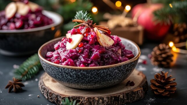 Festive red cabbage and apple relish in a bowl, garnished with pomegranate seeds and cinnamon stick, on a dark background with Christmas decorations.