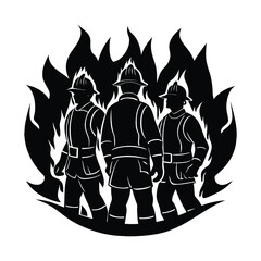 Firefighters silhouetted in front of flames on white background 