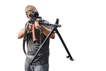 Isolate, Military machine gun with a sniper scope in the hands of a man. On a white background.
