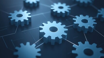 Interconnected gear system visualization representing complex processes engineering machine teamwork partnership strategy efficiency innovation