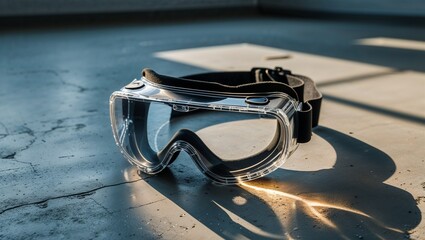 Photorealistic image of a safety goggles in a construction site