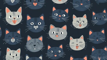 Seamless pattern of cute cartoon cat faces in various expressions on dark background.