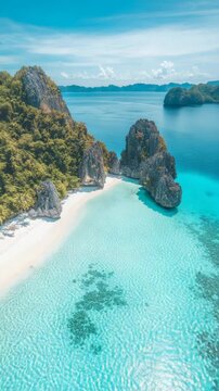 Breathtaking aerial view of a secluded white sand beach nestled between lush green cliffs and crystal clear turquoise waters, creating an idyllic tropical paradise in el nido, palawan, philippines