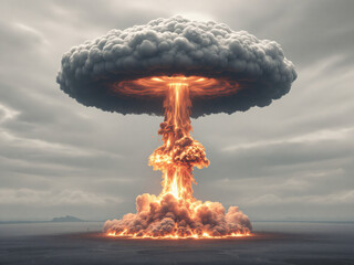 Nuclear explosion with a mushroom cloud, depicting intense destruction and devastation.