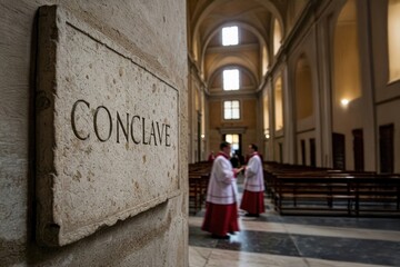 Naklejka premium Historic chapel interior with conclave sign and clergy in vestments