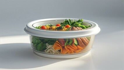 Photorealistic image of a round meal prep bento box on a white background