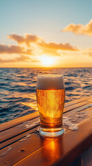 Tall glass of foamy beer resting on a polished wooden table in luxurious yacht deck  during sunset with  the ocean waves in the background.