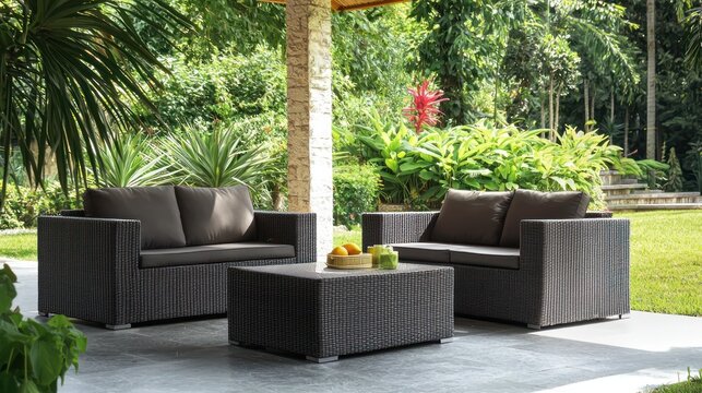 A modern, outdoor rattan sofa set with dark brown cushions and a matching coffee table, placed on a patio with lush greenery in the background.