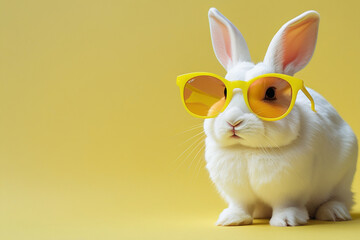 Fototapeta premium Minimalist Photo of White Rabbit in Yellow Sunglasses on Bright Yellow Background – Modern, Playful, High-Contrast Animal Portrait