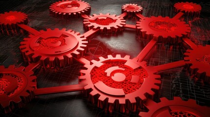 Red gear wheels intricately linked in a mechanical arrangement visualizing network and system complexity rendered with dark metallic texture