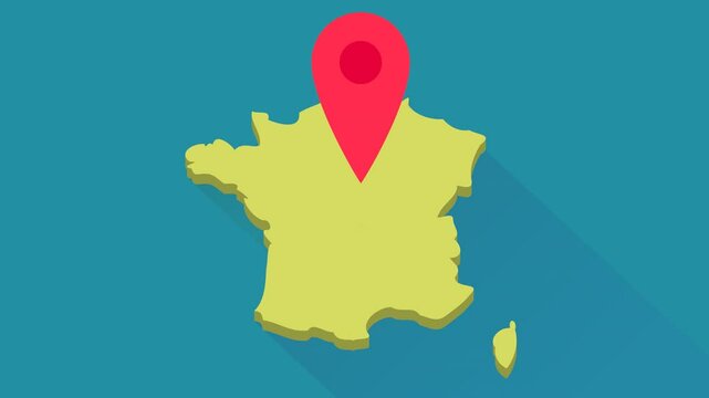 Looped animation of a red location marker bouncing on the 3D yellow map of France on blue background with long shadow (flat design)
