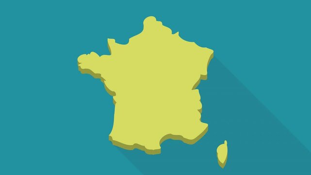 Animation of appearance and disappearance of the yellow map of France on a blue background with long shadow (flat design)