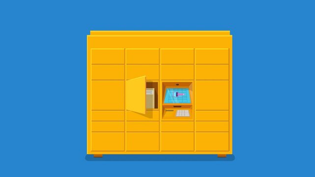 Appearance from the hole in the ground of a yellow parcel locker in flat design with opening of a locker with a parcel on a blue background