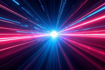 Obraz premium bright light in the center, from which multicolored lines radiate. Blue and red predominate. The background is dark.
