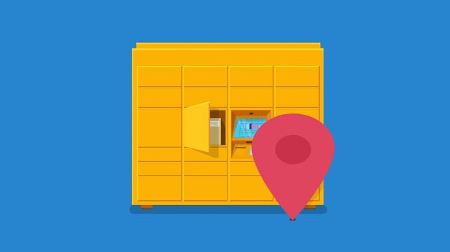 Appearance of a parcel locker with opening of a box, then appearance of a pin map with disappearance on a blue background