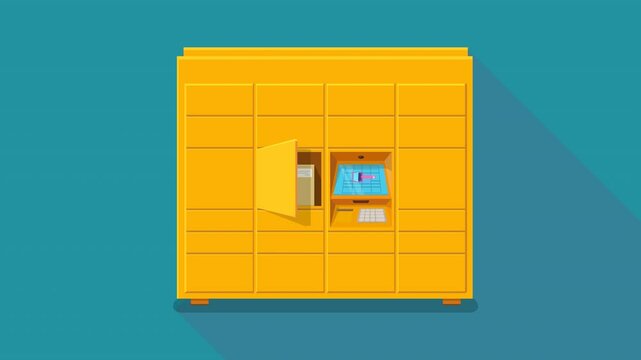 Animation of a parcel locker with opening of one of the compartments and the terminal screen showing the operation on a blue background with long shadow in falt design style