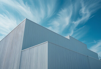 Modern Metal Building Stands Against A Blue Sky With Wispy White Clouds, Architectural Design, Industrial Structure, Urban Landscape