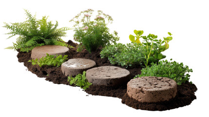 Stepping Stones in the Garden: a pathway with stepping stones creates a natural, organic design for landscape, adorned with fresh, thriving greenery that adds vibrancy and tranquility.