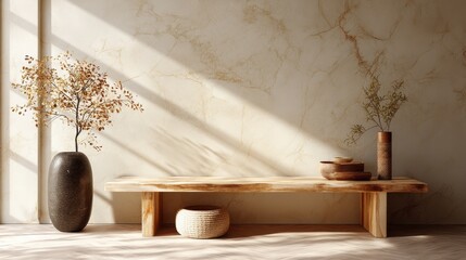 Handcrafted bench bathed in golden sunlight against a minimal beige wall highlighting zen-inspired decor and soft textures perfect for tranquil spaces