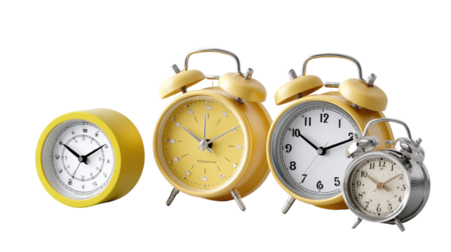 Clock Collection: An assortment of yellow clocks displaying different times, perfect for time-related concepts, punctuality, or decor.