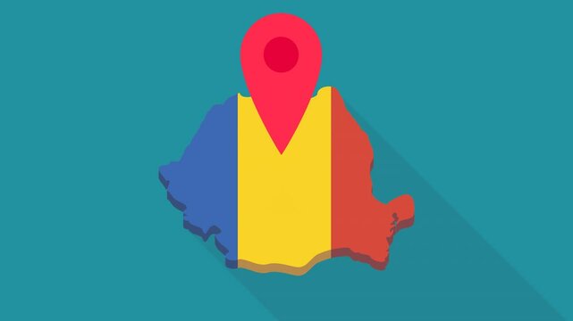 Looped animation of a red location marker bouncing on the 3D yellow map of Romania on blue background with long shadow (flat design)