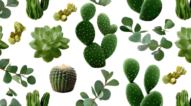 Botanical Abundance: A vibrant collection of diverse cacti and succulents, each with unique textures and forms, creates a visually striking pattern.