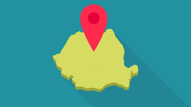 Looped animation of a red location marker bouncing on the 3D yellow map of Romania on blue background with long shadow (flat design)