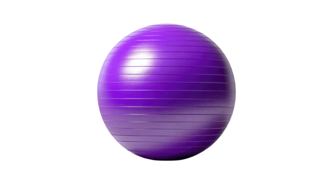 Purple Exercise Ball: A vibrant purple exercise ball, designed for a variety of fitness activities. The ball's unique ribbed surface provides a comfortable grip, allowing for stability and control.