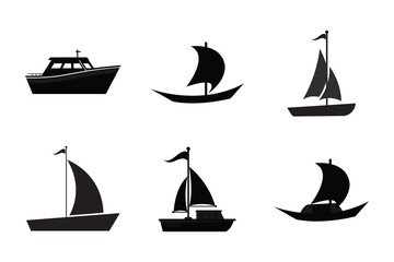 The ocean vacation boat Ship and black silhouette set. Sea and river boat ship travel.