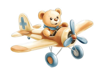 Cute teddy bear flying vintage cartoon airplane, adorable pilot illustration for nursery wall art, baby shower, kids room decor, children&rsquo;s books, toys, and playful aviation themes