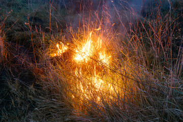 Burning dry grass with bright flames at night