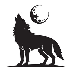 A wolf howling at the moon with a moon in the Vector Black silhouette. with white background