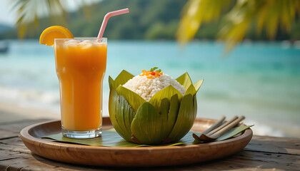 Fototapeta premium A tropical beach scene displays a refreshing orange drink and a rice dish served in a green, leaf-shaped bowl on a wooden tray. 
