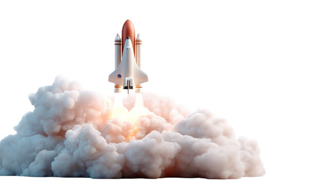 Rocket Launch: A majestic rocket blasts off, ascending through a dense cloud of smoke and fire. This image embodies the spirit of exploration and innovation, soaring towards the unknown.