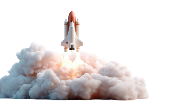 Rocket Launch: A majestic rocket blasts off, ascending through a dense cloud of smoke and fire. This image embodies the spirit of exploration and innovation, soaring towards the unknown.