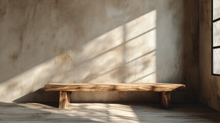 Rustic oak bench bathed in sunlight, enhancing the minimalistic charm of a spacious, warmly textured room with soft beige walls